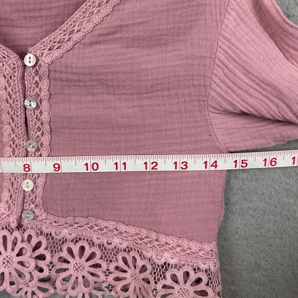 Zara Kids Girls Cotton Gauze Lace Blouse Slight Crop Long Sleeve SZ 8 Boho Pink - Picture 4 of 9